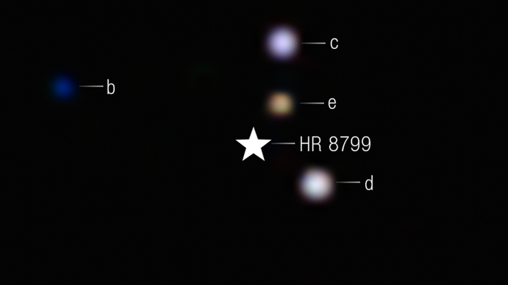 Hell leuchtende Punkte auf dunklem Hintergrund, mit b bis e beschriftet. Dazwischen ein mit einem Stern und HR 8799 markierter Punkt.