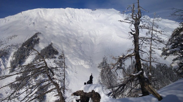 Berggipfel, von aus eine Lawine ins Tal stürzt, von Schneegestöber umgeben