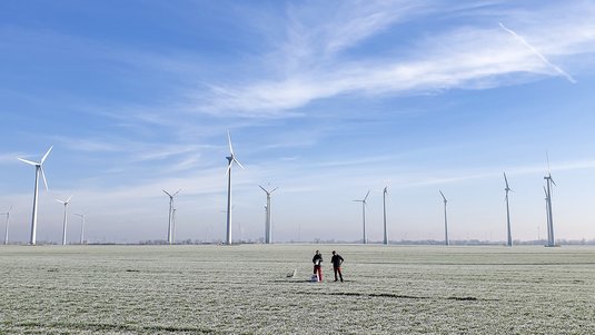 Zwei Personen stehen auf einem Feld umgeben von mehreren Windkraftanlagen unter blauem Himmel