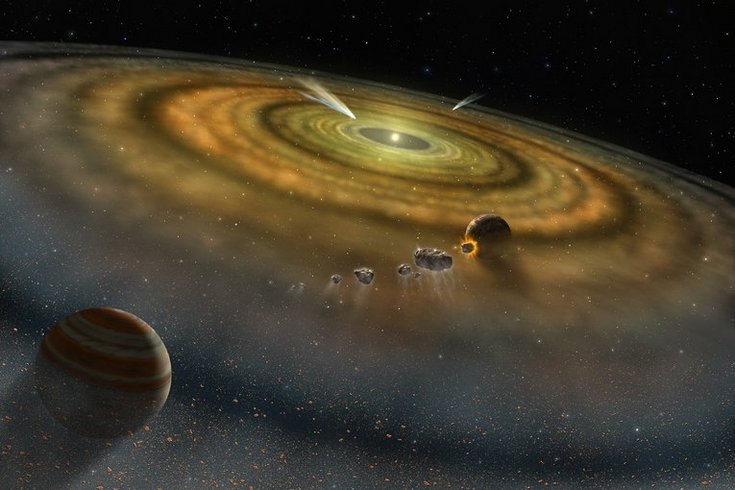 Die Grafik zeigt eine kreisrunde Scheibe aus Staub und Gas, die eine Sonne umgibt.