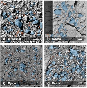 Vier Fotos von der Oberfläche vier unterschiedlicher Asteroiden