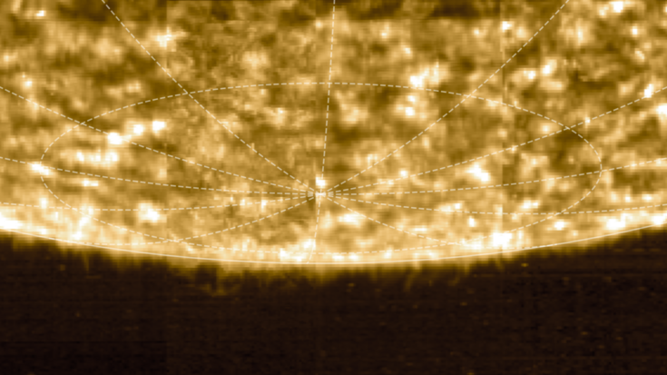 Südpol der Sonne | Bildquelle: ESA & NASA/Solar Orbiter/SPICE Team, M. Janvier (ESA) & J. Plowman (SwRI), CC BY-SA 3.0 IGO and ESA Standard Licence Mit Linien markierte Südpolregion einer diffus flackernden Sonne