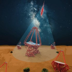 Modell der H.E.S.S.-Teleskopanlage: Mehrere Parabolantennen auf der Erdoberfläche, in der Mitte des Bildes wird eine Antenne mit einem Lichtkegel besonders hervorgehoben. An der Spitze des Lichtkegels befindet sich ein blitzartiges Gebilde.