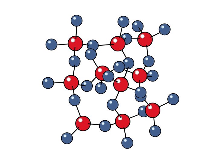 In dieser Grafik sind mehrere Siliziumatome als rote Kreise dargestellt, die durch schwarze Linien mit etwas kleineren, blauen Kreisen verbunden sind, die die Sauerstoffatome darstellen.