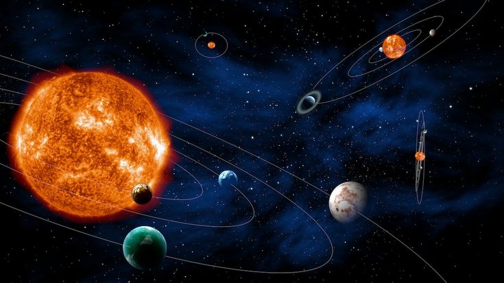 Die künstlerische Illustration zeigt vier Sterne, um die jeweils Planeten kreisen. 