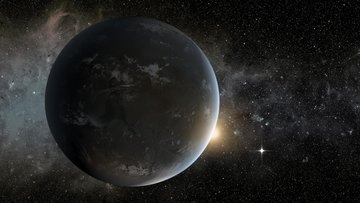 Die Grafik zeigt einen Exoplaneten und seine Sonne im Weltall.