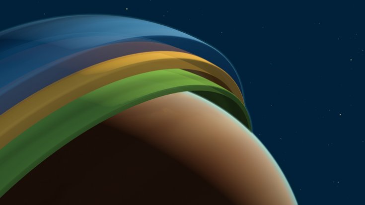 Brauner Planet, dessen Atmosphäre durch mehrere verschiedenfarbige Schichten angedeutet wird