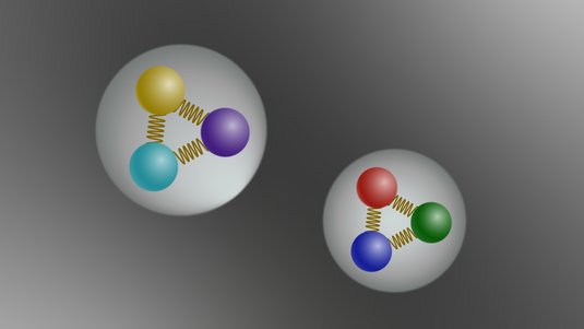 Illustration eines Protons und Antiprotons | Bildquelle: ttsz/iStock/WdP Auf der Grafik sind zwei Kreise vor dunklem Hintergrund abgebildet. In den beiden Kreisen sind drei kleinere Kreise zu erkennen, verbunden durch Zickzacklinien.